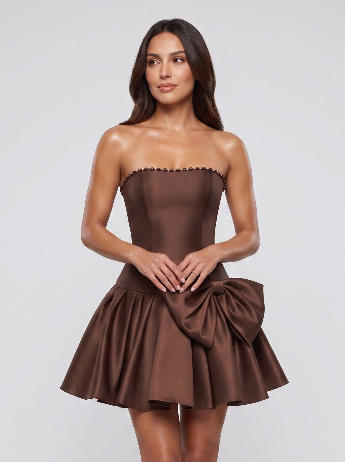 Mocha Satin A-Line Straight Neck Bow Short Dress with Pearl Trim - Curvevia