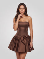 Mocha Satin A-Line Straight Neck Bow Short Dress with Pearl Trim - Curvevia