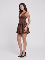 Mocha Satin A-Line V-Neck Back Zip Short Dress with Empire Waist - Curvevia