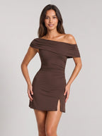 Mocha Stretch Knit A-Line One Shoulder BacklessShort Dress with Ruched Detailing - Curvevia