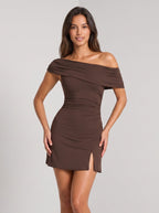 Mocha Stretch Knit A-Line Off-the-Shoulder BacklessShort Dress with Ruched Detailing - Curvevia