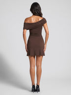Mocha Stretch Knit A-Line Off-the-Shoulder BacklessShort Dress with Ruched Detailing - Curvevia