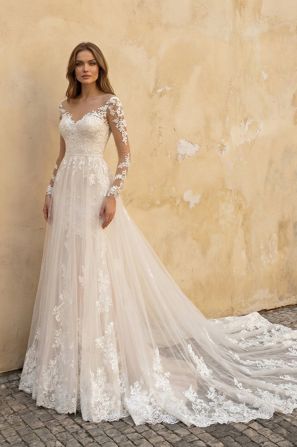 Modern Long Sleeves Lace Ivory Wedding Dresses - Curvevia
