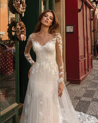 Modern Long Sleeves Lace Ivory Wedding Dresses - Curvevia