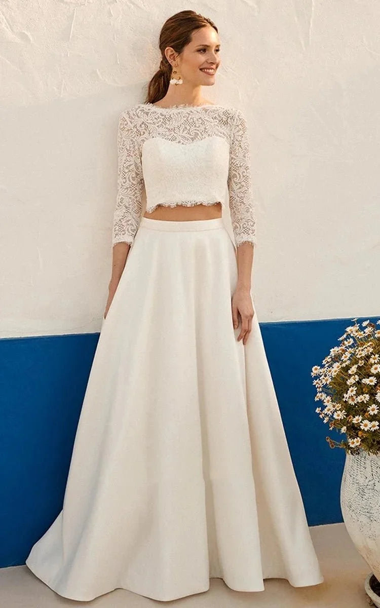 Modern Two Piece Floor-length 3/4 Length Sleeve Lace Jewel Wedding Dress with Ruching - Curvevia