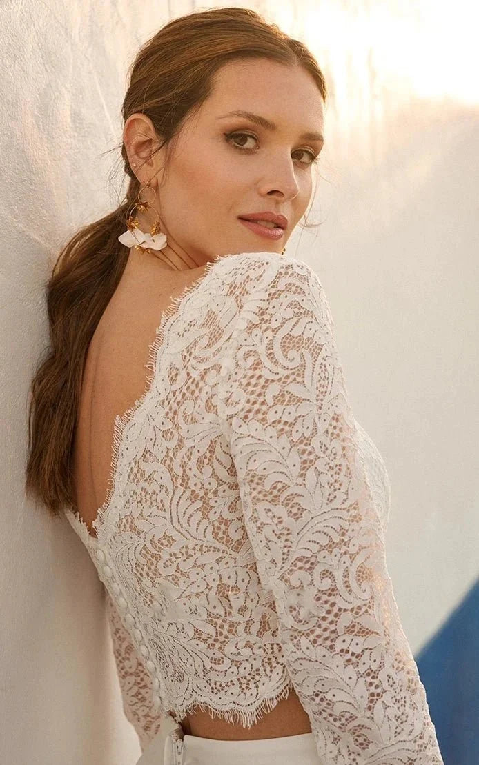 Modern Two Piece Floor-length 3/4 Length Sleeve Lace Jewel Wedding Dress with Ruching - Curvevia