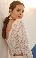 Modern Two Piece Floor-length 3/4 Length Sleeve Lace Jewel Wedding Dress with Ruching - Curvevia
