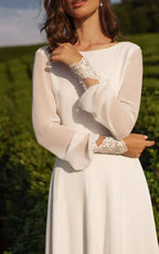 Modest A-Line Long Sleeve Floor Length Train Simple Casual Chiffon Bateau V-Back Wedding Dress - Curvevia