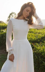 Modest A-Line Long Sleeve Floor Length Train Simple Casual Chiffon Bateau V-Back Wedding Dress - Curvevia