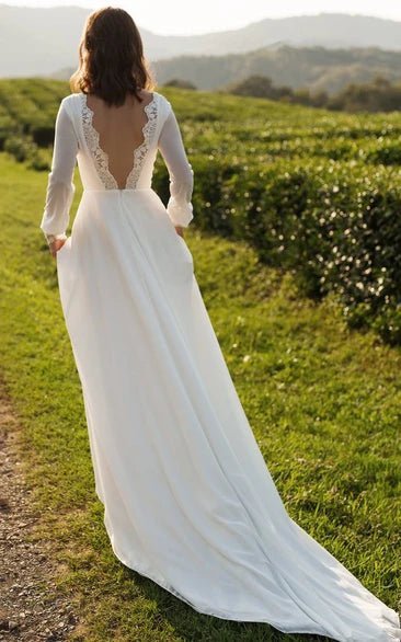 Modest A-Line Long Sleeve Floor Length Train Simple Casual Chiffon Bateau V-Back Wedding Dress - Curvevia
