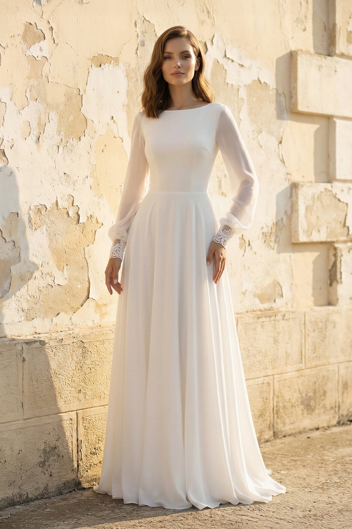 Modest A-Line Long Sleeve Floor Length Train Simple Casual Chiffon Bateau V-Back Wedding Dress - Curvevia
