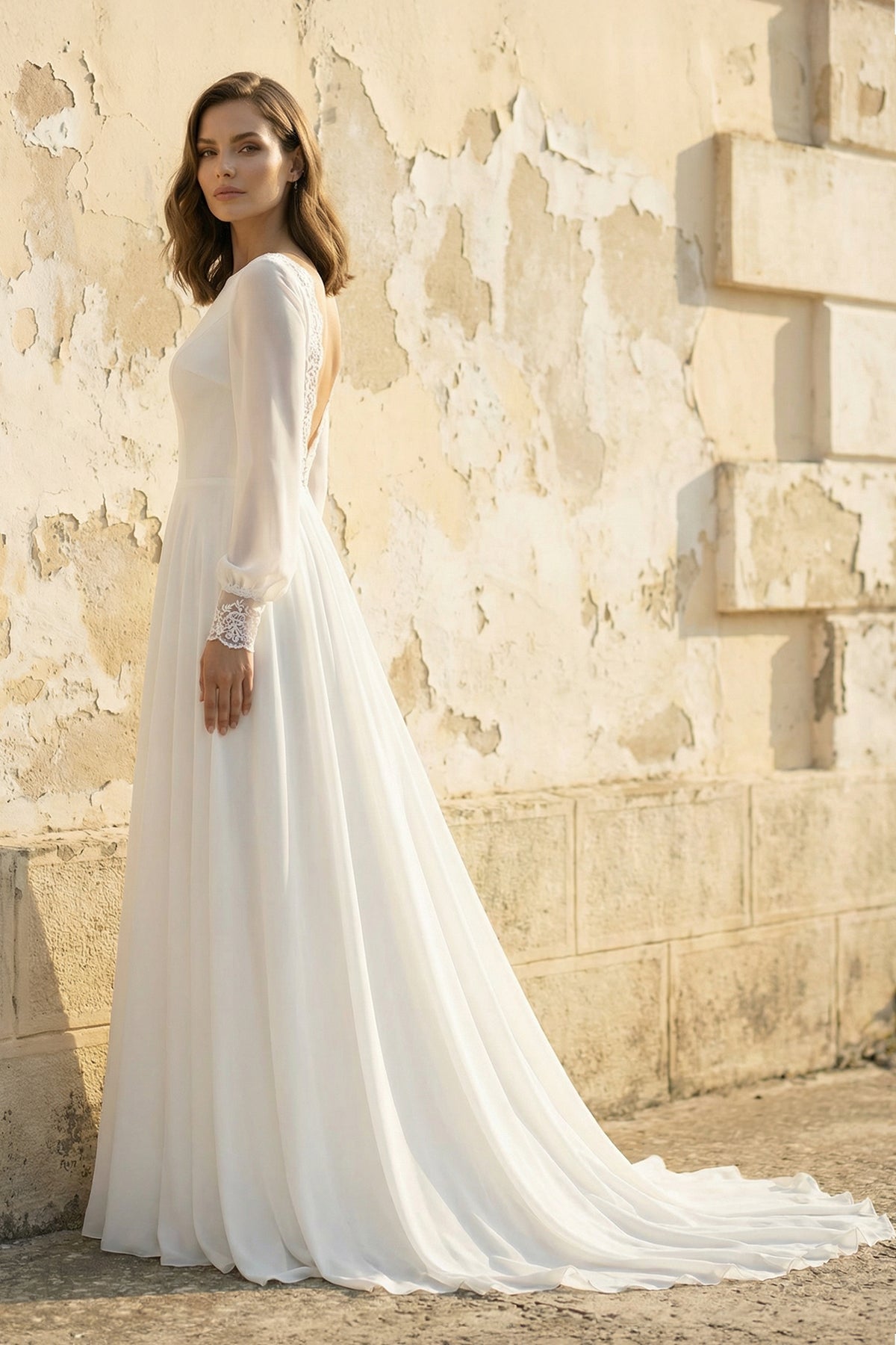 Modest A-Line Long Sleeve Floor Length Train Simple Casual Chiffon Bateau V-Back Wedding Dress - Curvevia