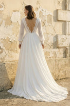 Modest A-Line Long Sleeve Floor Length Train Simple Casual Chiffon Bateau V-Back Wedding Dress - Curvevia