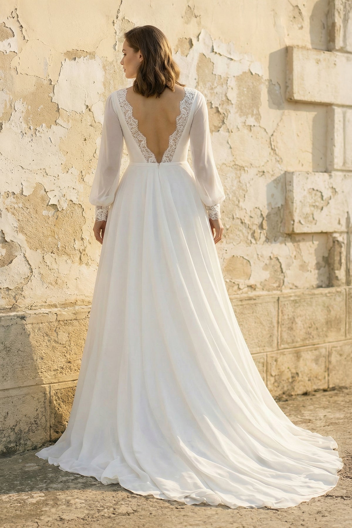 Modest A-Line Long Sleeve Floor Length Train Simple Casual Chiffon Bateau V-Back Wedding Dress - Curvevia