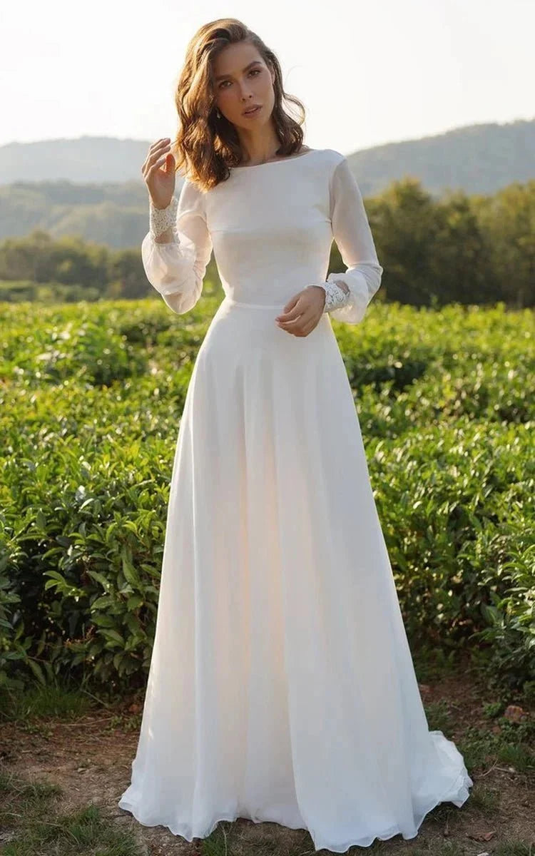 Modest A-Line Long Sleeve Floor Length Train Simple Casual Chiffon Bateau V-Back Wedding Dress - Curvevia