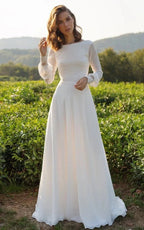 Modest A-Line Long Sleeve Floor Length Train Simple Casual Chiffon Bateau V-Back Wedding Dress - Curvevia