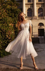 Tea Length Sleeves Ethereal Modern A-Line V-Neck Button Back Wedding Dress - Curvevia