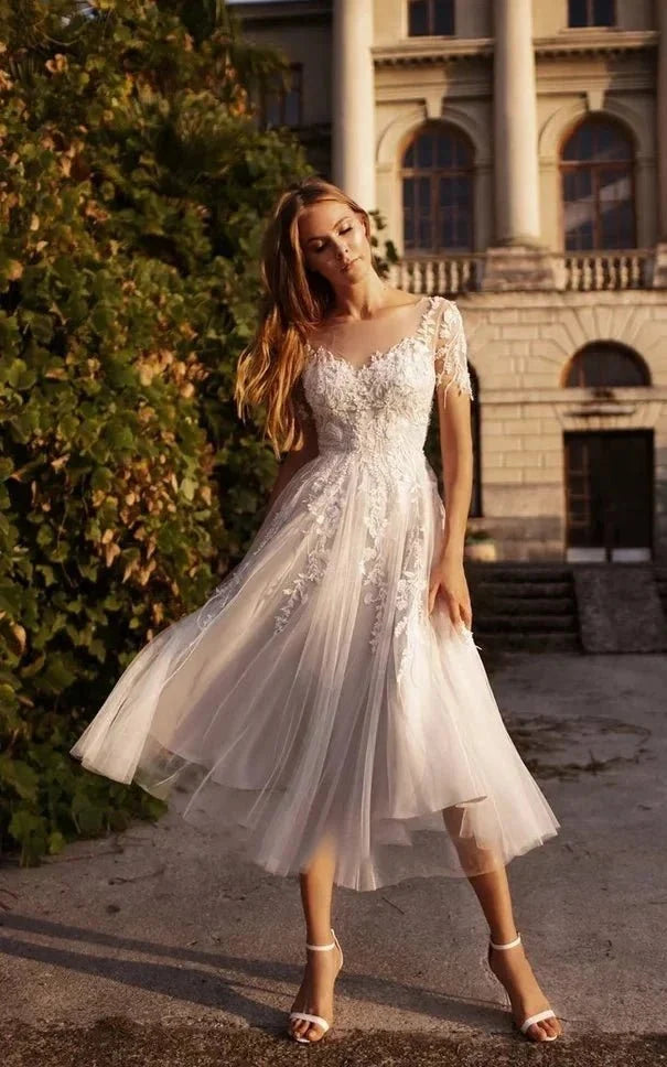 Tea Length Sleeves Ethereal Modern A-Line V-Neck Button Back Wedding Dress - Curvevia
