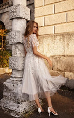 Tea Length Sleeves Ethereal Modern A-Line V-Neck Button Back Wedding Dress - Curvevia