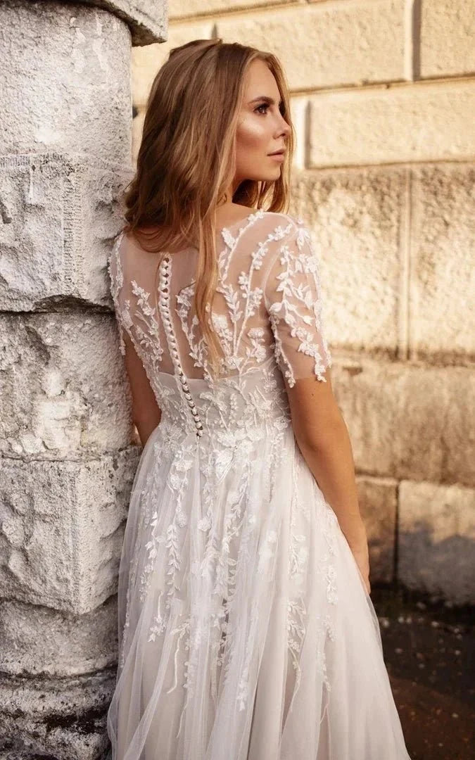Tea Length Sleeves Ethereal Modern A-Line V-Neck Button Back Wedding Dress - Curvevia
