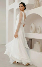 A-Line Chiffon Maxi Wedding Dress Minimalist Sleeved Pearl Button Low Back Bridal Gown - Curvevia