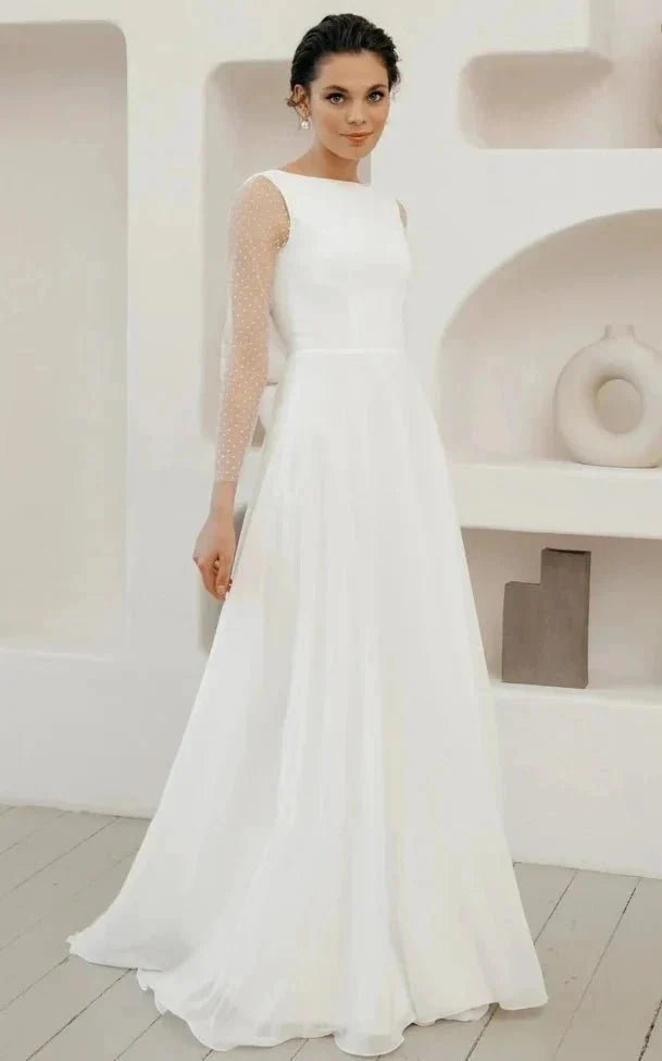 A-Line Chiffon Maxi Wedding Dress Minimalist Sleeved Pearl Button Low Back Bridal Gown - Curvevia