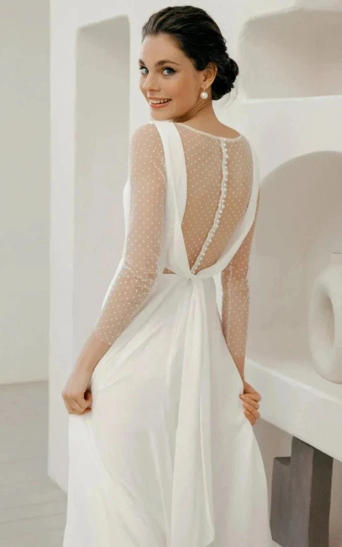 A-Line Chiffon Maxi Wedding Dress Minimalist Sleeved Pearl Button Low Back Bridal Gown - Curvevia