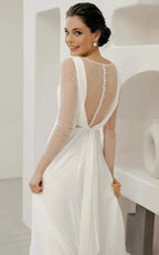 A-Line Chiffon Maxi Wedding Dress Minimalist Sleeved Pearl Button Low Back Bridal Gown - Curvevia