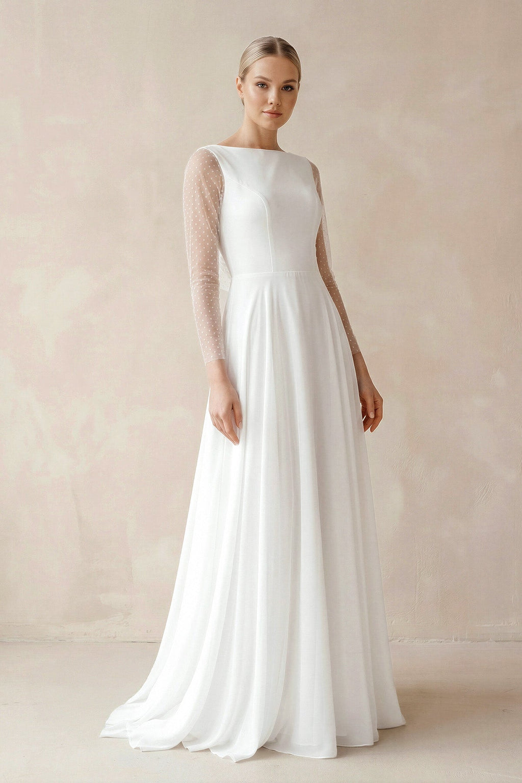 A-Line Chiffon Maxi Wedding Dress Minimalist Sleeved Pearl Button Low Back Bridal Gown - Curvevia