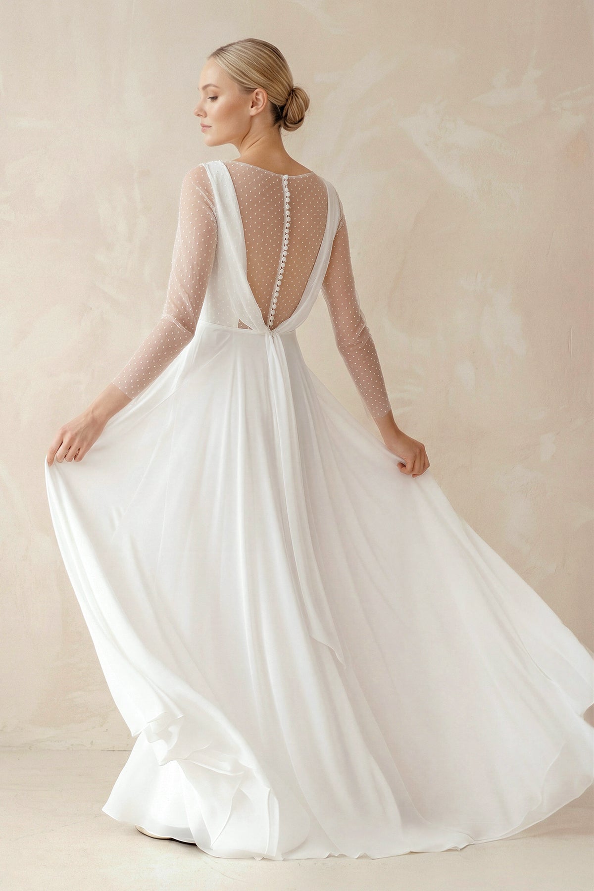 A-Line Chiffon Maxi Wedding Dress Minimalist Sleeved Pearl Button Low Back Bridal Gown - Curvevia