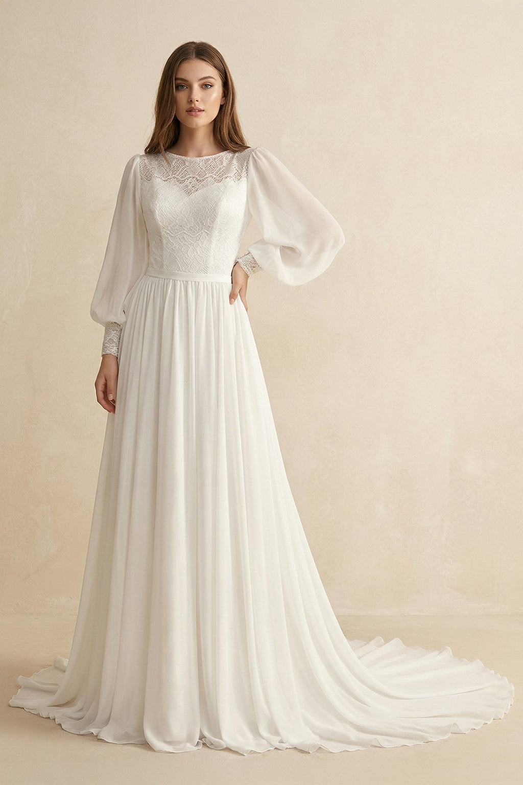 Modest Long Sleeve Casual Rustic A-Line Bateau Neck Wedding Dress Gowns with Train - Curvevia