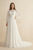 Modest Long Sleeve Casual Rustic A-Line Bateau Neck Wedding Dress Gowns with Train - Curvevia