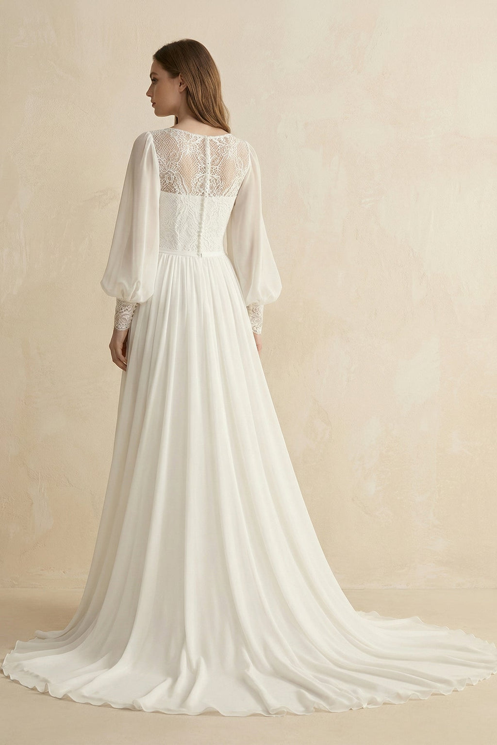 Modest Long Sleeve Casual Rustic A-Line Bateau Neck Wedding Dress Gowns with Train - Curvevia