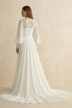 Modest Long Sleeve Casual Rustic A-Line Bateau Neck Wedding Dress Gowns with Train - Curvevia