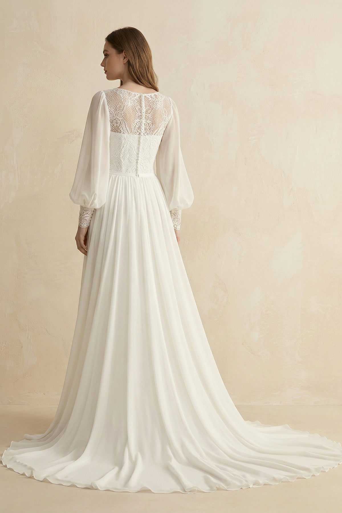 Modest Long Sleeve Casual Rustic A-Line Bateau Neck Wedding Dress Gowns with Train - Curvevia