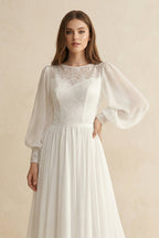 Modest Long Sleeve Casual Rustic A-Line Bateau Neck Wedding Dress Gowns with Train - Curvevia