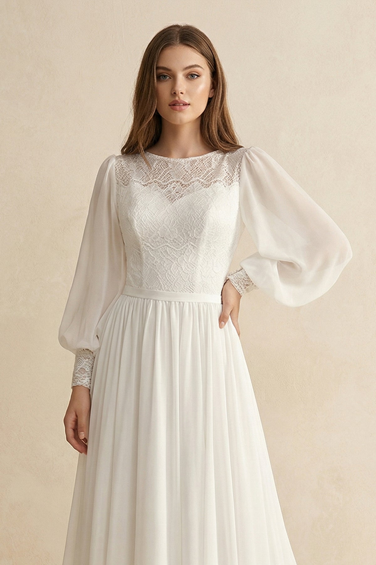 Modest Long Sleeve Casual Rustic A-Line Bateau Neck Wedding Dress Gowns with Train - Curvevia