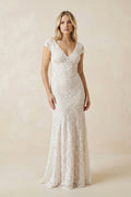 Modest Square V-neck Lace Wedding Dress with Short Sleeve Sweep Train - Curvevia