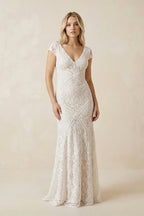 Modest Square V-neck Lace Wedding Dress with Short Sleeve Sweep Train - Curvevia