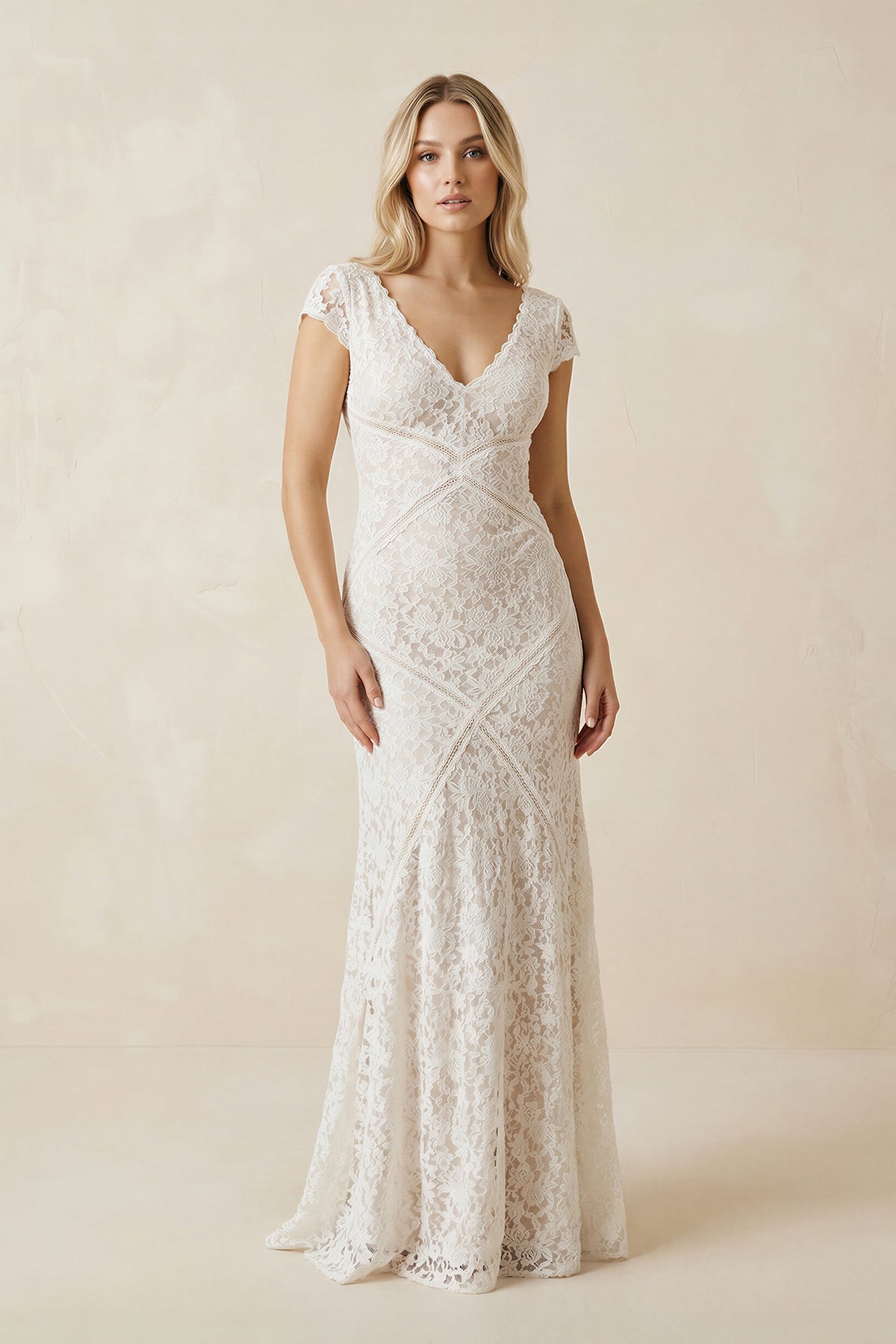 Modest Square V-neck Lace Wedding Dress with Short Sleeve Sweep Train - Curvevia