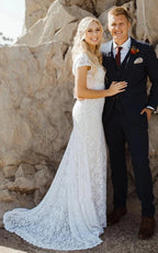 Modest Square V-neck Lace Wedding Dress with Short Sleeve Sweep Train - Curvevia