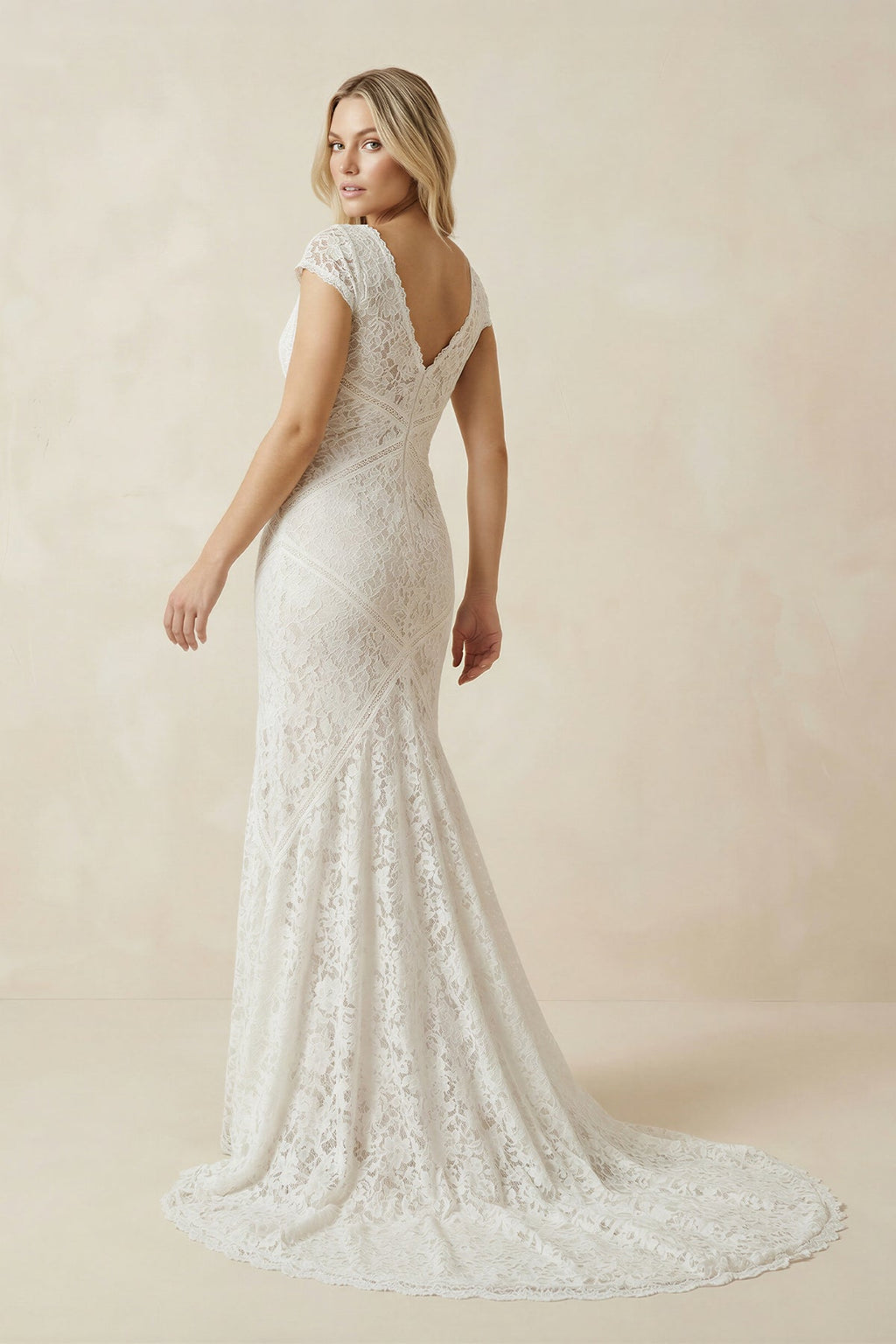 Modest Square V-neck Lace Wedding Dress with Short Sleeve Sweep Train - Curvevia