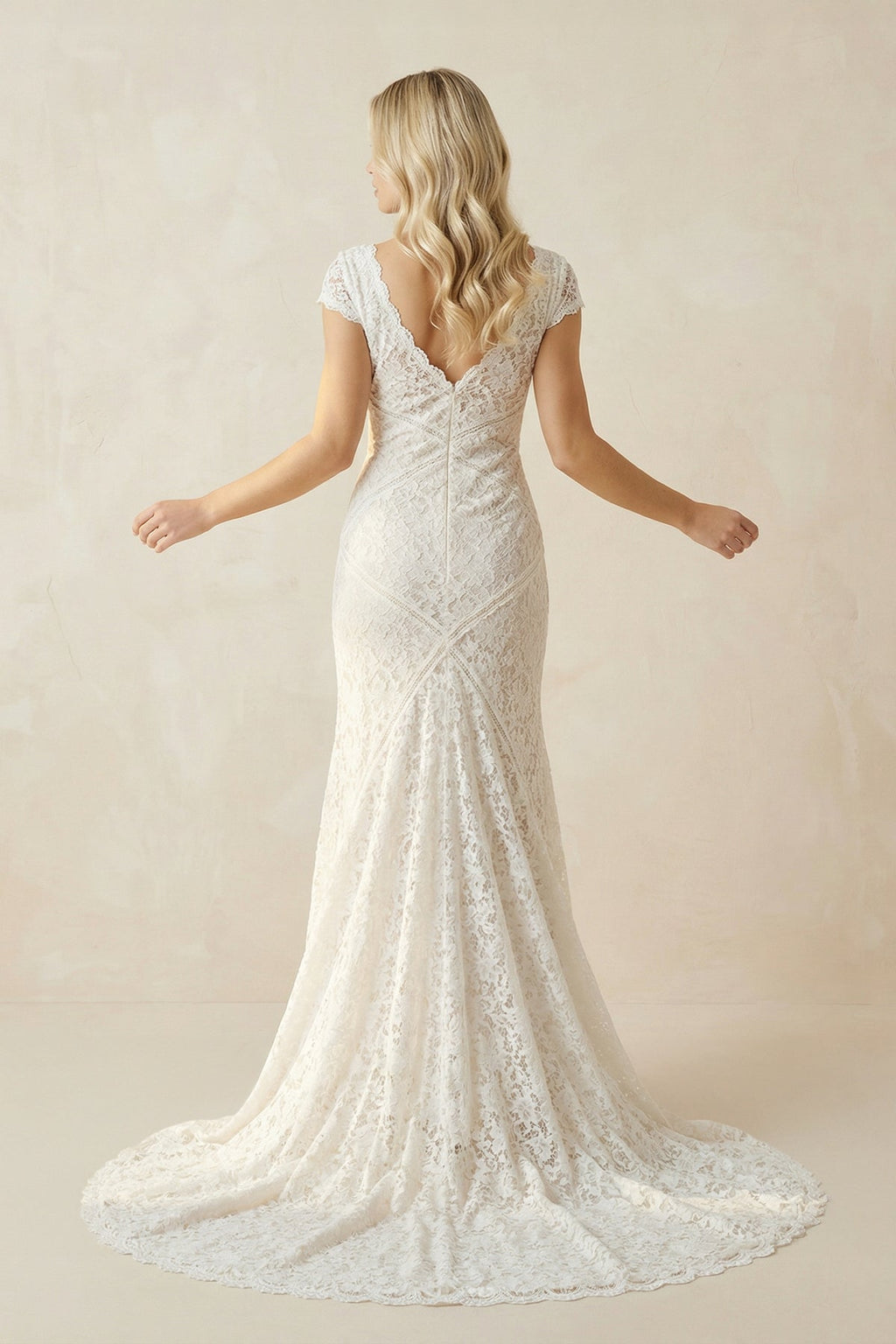Modest Square V-neck Lace Wedding Dress with Short Sleeve Sweep Train - Curvevia
