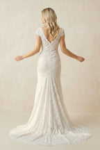Modest Square V-neck Lace Wedding Dress with Short Sleeve Sweep Train - Curvevia