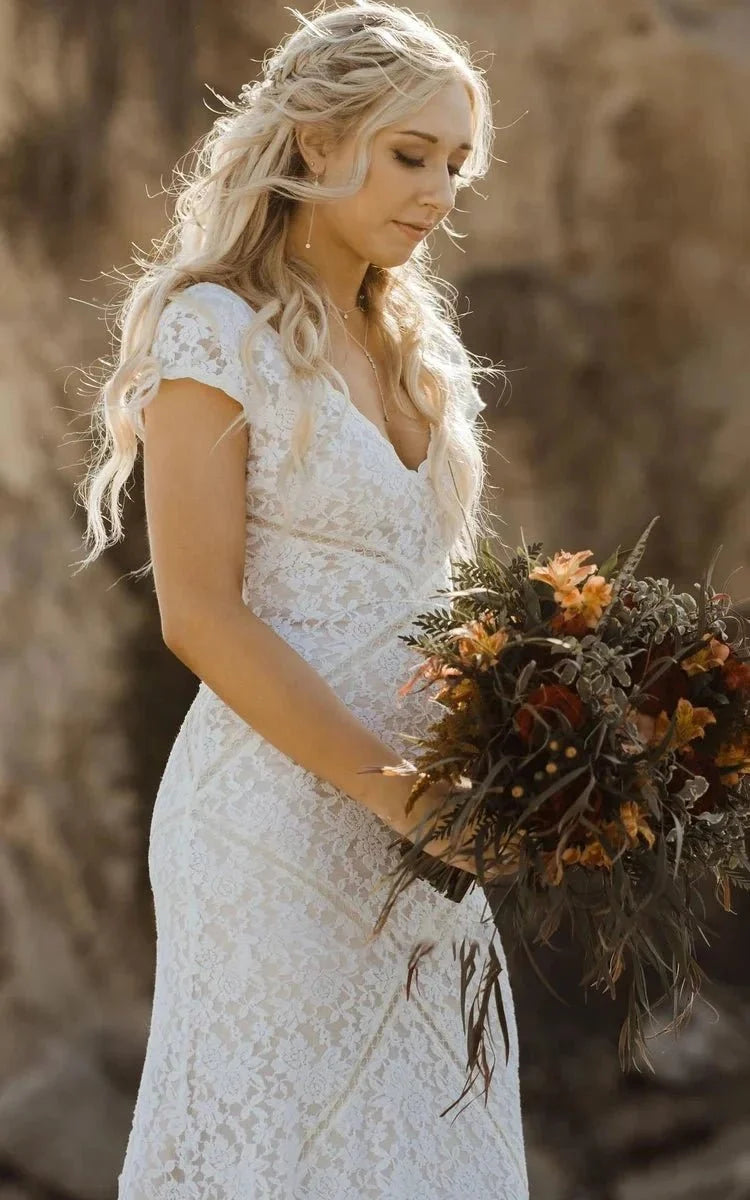 Modest Square V-neck Lace Wedding Dress with Short Sleeve Sweep Train - Curvevia