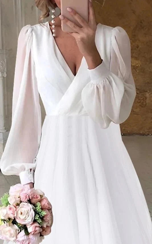 A-Line V-Neck Long Sleeves Elegant Casual Asymmetrical Chiffon Wedding Dress with Zipper Back - Curvevia