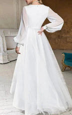 A-Line V-Neck Long Sleeves Elegant Casual Asymmetrical Chiffon Wedding Dress with Zipper Back - Curvevia