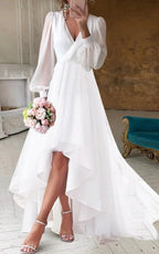 A-Line V-Neck Long Sleeves Elegant Casual Asymmetrical Chiffon Wedding Dress with Zipper Back - Curvevia