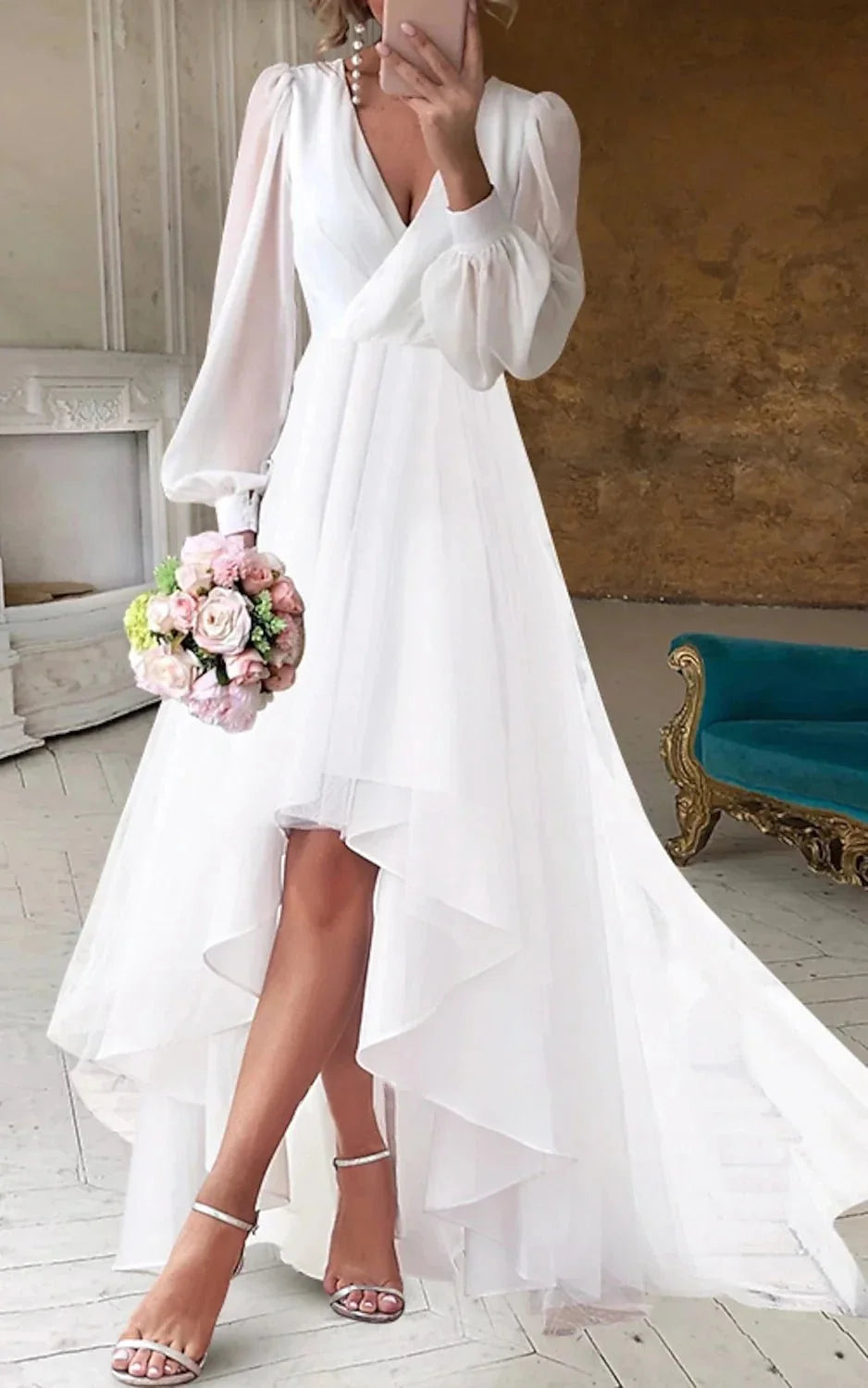 A-Line V-Neck Long Sleeves Elegant Casual Asymmetrical Chiffon Wedding Dress with Zipper Back - Curvevia
