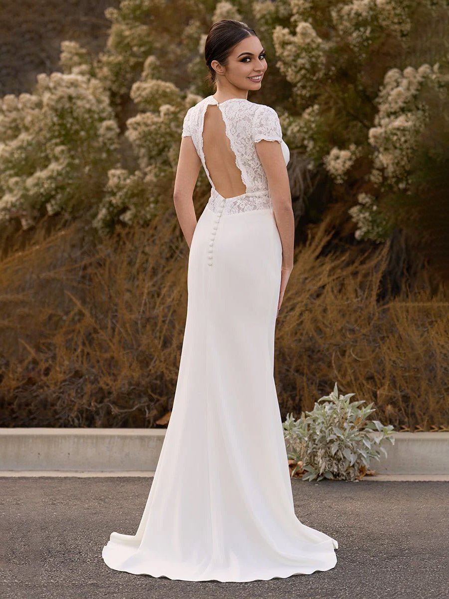 Modest Simple Mermaid Short Sleeve Empire Floor-Length Sweep Train Chiffon V-neck Wedding Dress - Curvevia